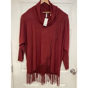 NEW NY Collection Womens 3X Fringed Cowl Neck Knit Sweater Maroon Cabernet Red
